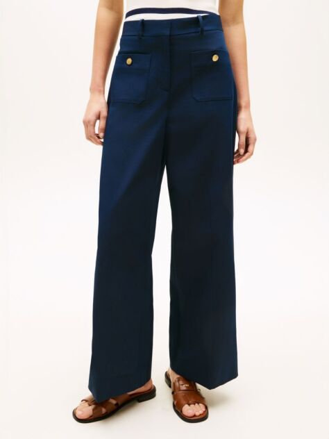 Blue Crest Embossed Button Wide Leg Chinos  Women