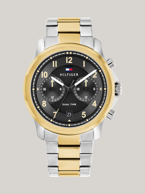 Gold Black Dial Dual Time Two-Tone Watch  Men