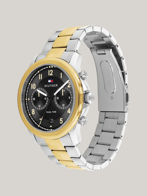 Gold Black Dial Dual Time Two-Tone Watch  Men