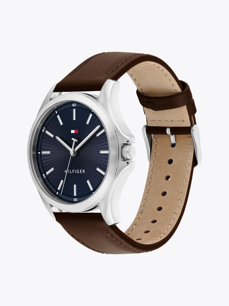 Blue Stainless Steel Brown Leather Strap Watch  Men