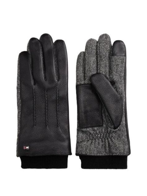 Grey Touchscreen Herringbone Leather Gloves  Men