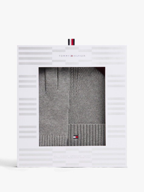 Grey Hilfiger Flag Beanie And Gloves Gift Set  Men