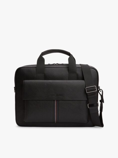 Black Flap Pocket Pebble Grain Laptop Bag  Men