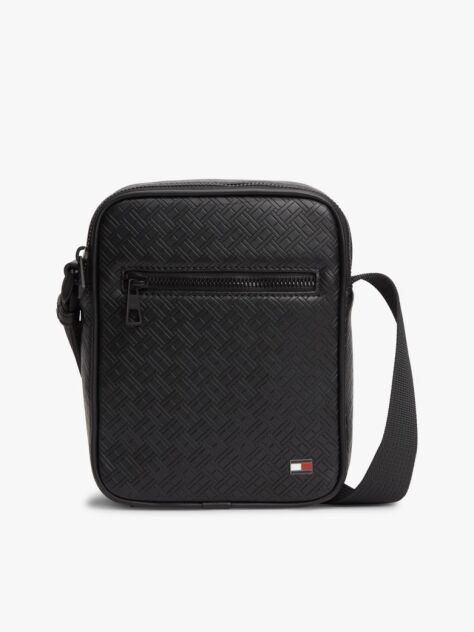 Black Embossed Flag Crossover Reporter Bag  Men