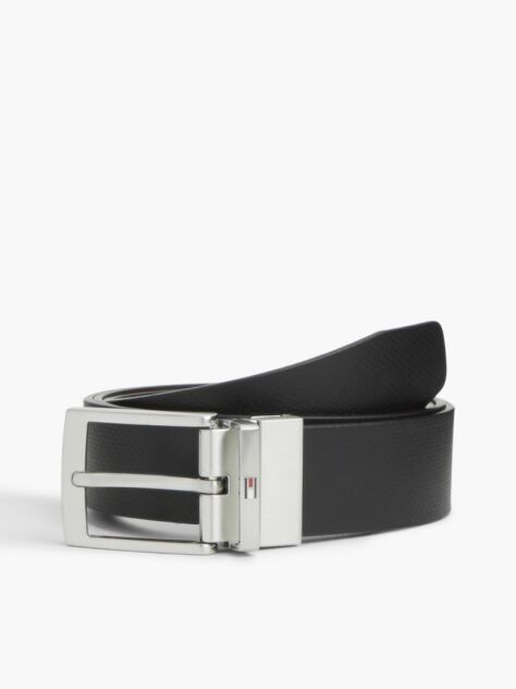 Black Textured Leather Reversible Square Buckle Belt  Men