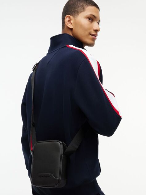 Black Textured Global Stripe Crossbody Reporter Bag  Men