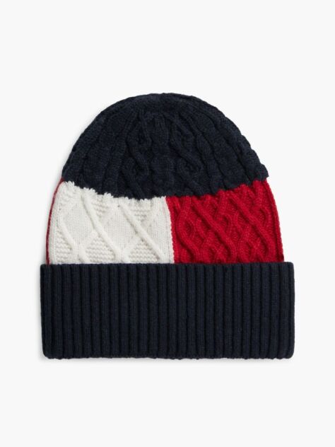 Blue Wool Blend Cable Knit Flag Beanie  Men