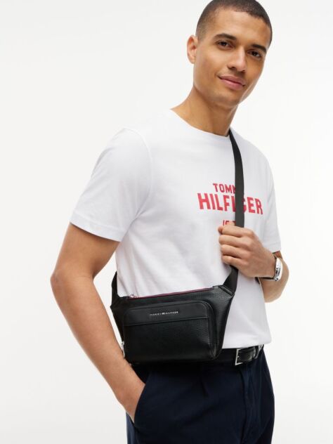Black Metal Logo Textured Crossbody Bum Bag  Men