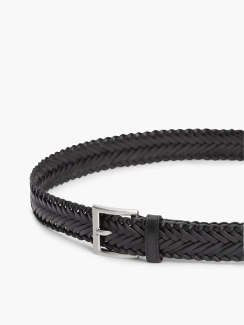 Black Square Buckle Braided Leather Belt  Men