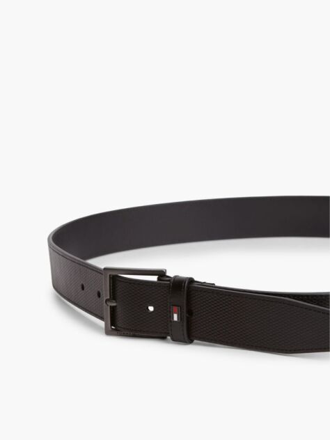Black Leather Tonal Square Buckle Textured Belt  Men