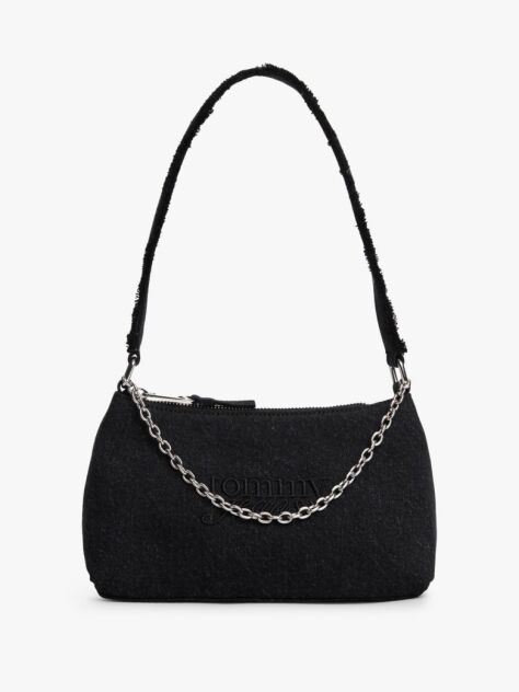Black Logo Embroidery Denim Shoulder Bag  Women
