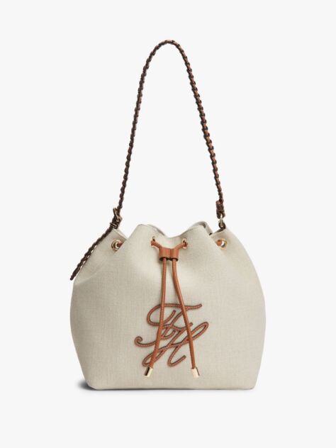 Beige Pure Linen Canvas Bucket Bag  Women
