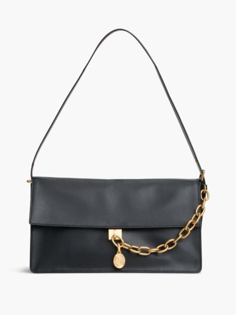 Black Leather Chain Charm Shoulder Bag  Women