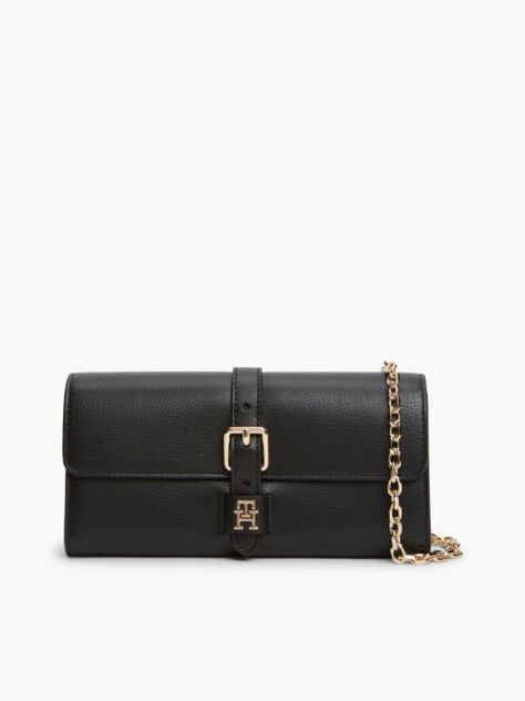 Black Buckle Flap Chain Strap Wallet  Women