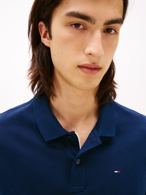 Blue Slim Placket Long Sleeve Polo  Men