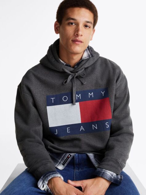 Grey Tommy Flag Badge Mélange Relaxed Hoody  Men