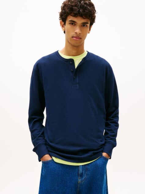 Blue Waffle Knit Long Sleeve Henley Top  Men