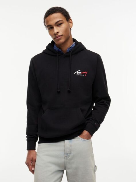 Black Signature Logo Terry Drawstring Hoody  Men