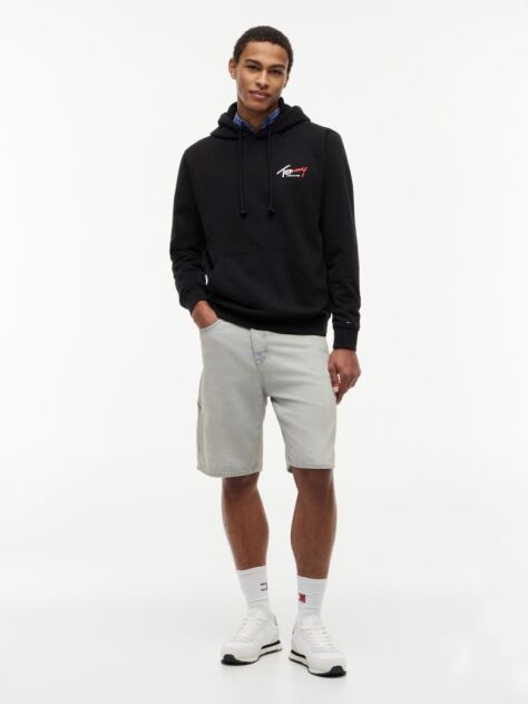 Black Signature Logo Terry Drawstring Hoody  Men