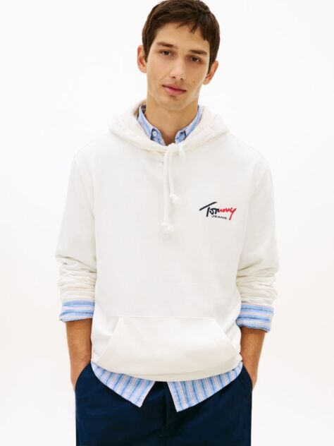 White Signature Logo Terry Drawstring Hoody  Men