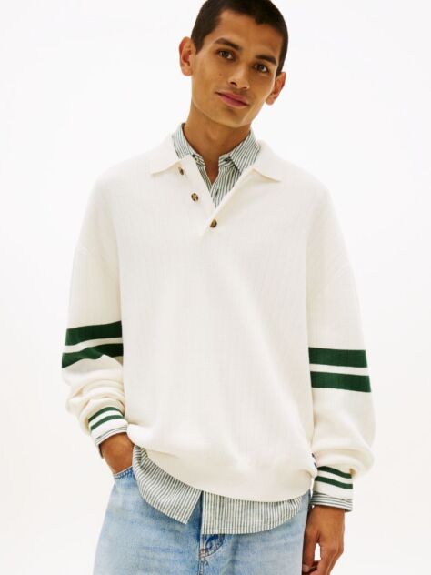 Beige 90s Tommy Badge Stripe Sleeve Polo Jumper  Men