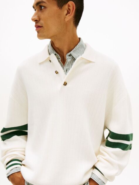 Beige 90s Tommy Badge Stripe Sleeve Polo Jumper  Men