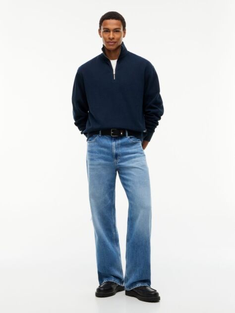 Blue Waffle Knit Relaxed Quarter-Zip Sweatshirt  Men