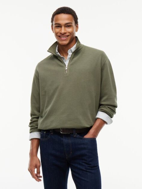 Green Waffle Knit Relaxed Quarter-Zip Sweatshirt  Men