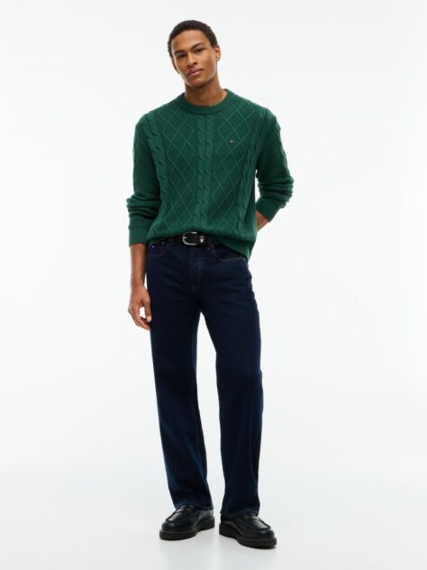Green Tommy Flag Cable Knit Jumper  Men
