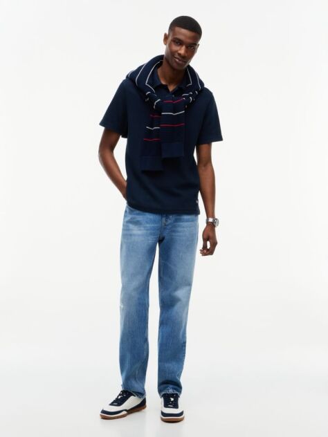 Blue Regular Fit Washed Waffle Knit Polo Shirt  Men