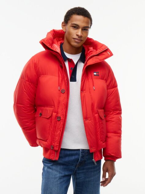 Red Logo Hooded Relaxed Puffer Jacket  Men