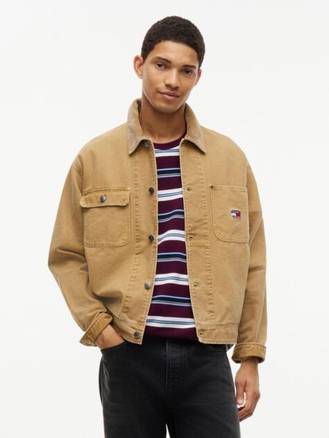 Beige Corduroy Collar Oversized Canvas Overshirt  Men