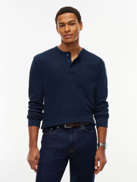 Μπλε Μακρυμάνικο T-Shirt Με Henley Λαιμόκοψη Και Waffle Πλέξη  Άνδρες
