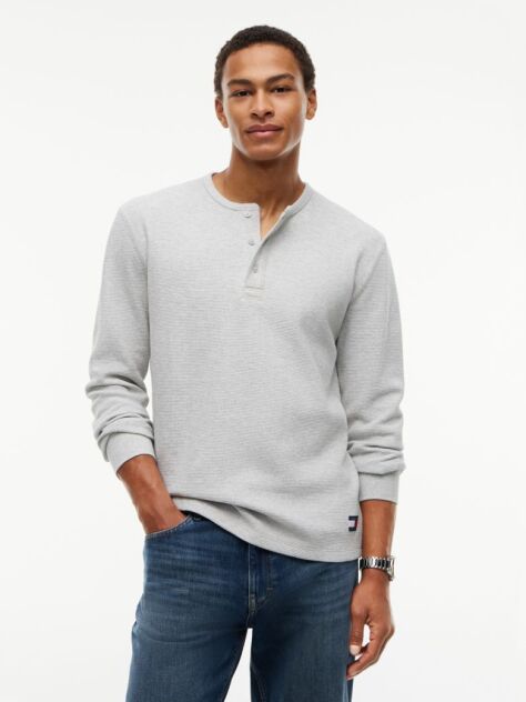 Γκρι Μακρυμάνικο T-Shirt Με Henley Λαιμόκοψη Και Waffle Πλέξη  Άνδρες