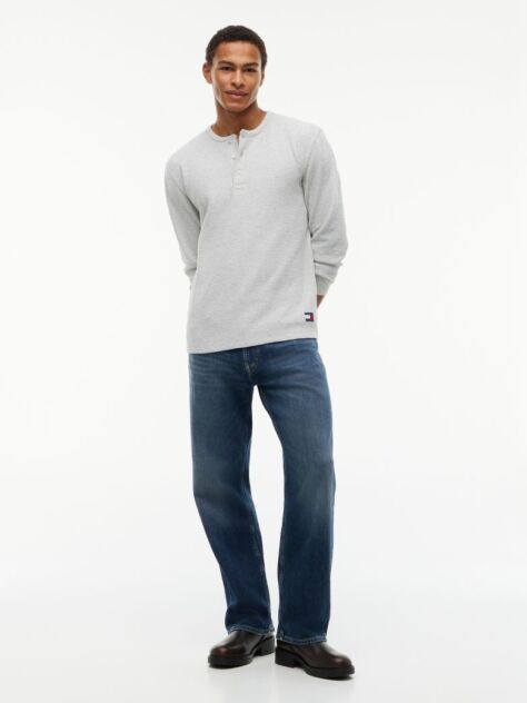 Γκρι Μακρυμάνικο T-Shirt Με Henley Λαιμόκοψη Και Waffle Πλέξη  Άνδρες