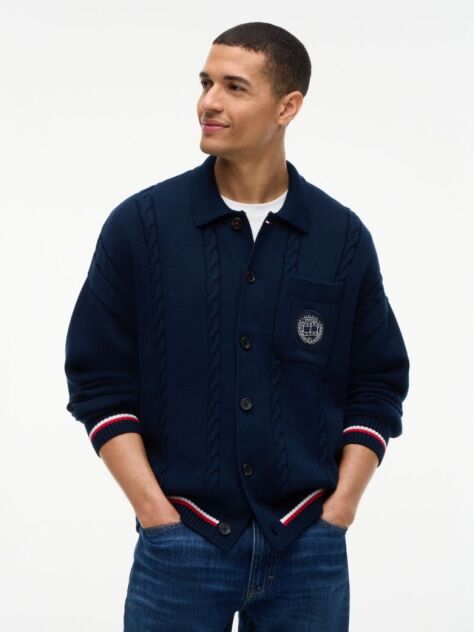 Blue Cable Knit Polo Collar Relaxed Cardigan  Men