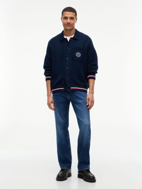 Blue Cable Knit Polo Collar Relaxed Cardigan  Men