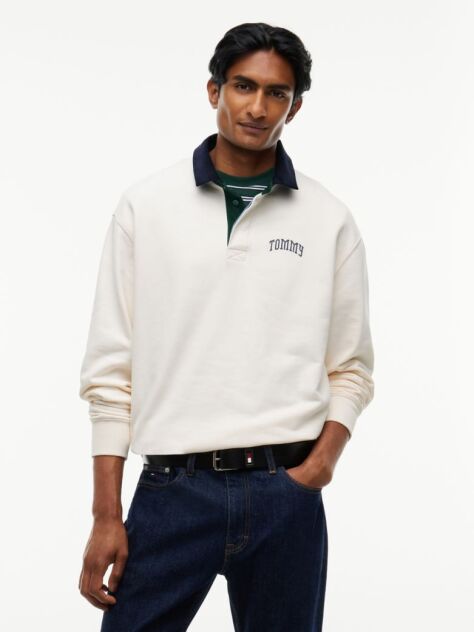 White Contrast Collar Relaxed Rugby Shirt  Men