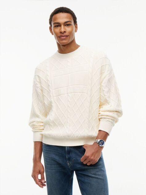 Beige Diamond Cable Knit Relaxed Jumper  Men