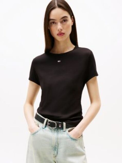 Black Essential Slim Rib-Knit T-Shirt  Women