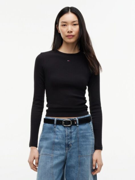 Μαύρο Μακρυμάνικο Ριμπ T-Shirt Σε Slim Γραμμή  Γυναίκες