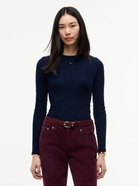 Blue Ribbed Slim Long Sleeve T-Shirt  Women