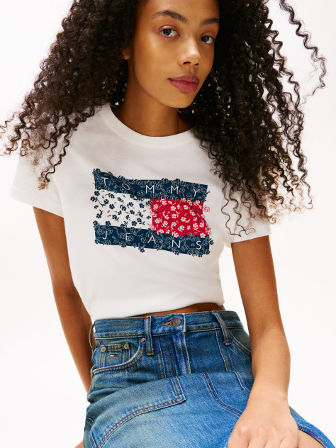 Άσπρο Φλοράλ T-Shirt Με Σημαία  Γυναίκες
