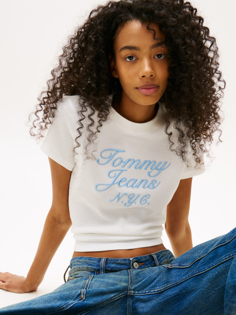 Άσπρο Varsity T-Shirt Με Waffle Πλέξη Σε Slim Γραμμή  Γυναίκες