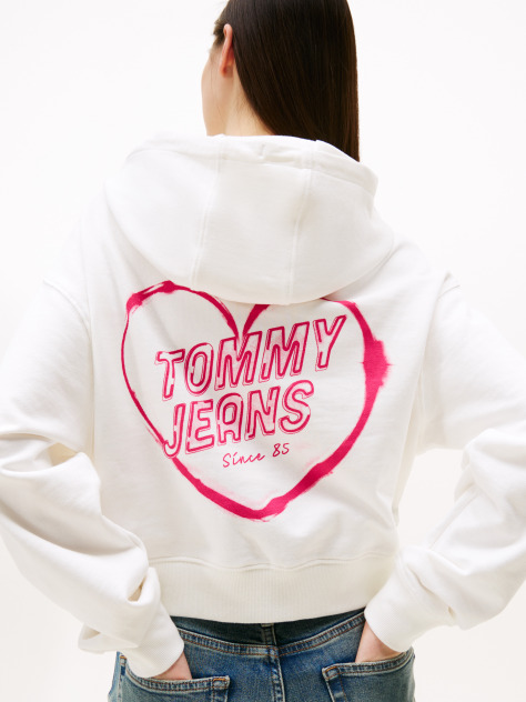 White Relaxed Cropped Graphic Hoody  Women