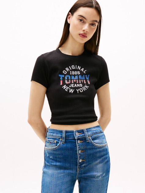 Μαύρο Ριμπ T-Shirt Με Λογότυπο New York Σε Slim Γραμμή  Γυναίκες