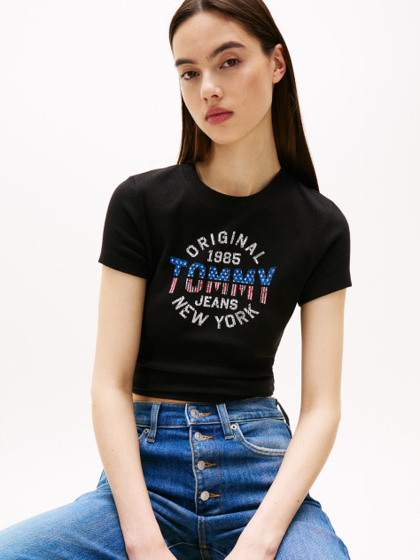 Μαύρο Ριμπ T-Shirt Με Λογότυπο New York Σε Slim Γραμμή  Γυναίκες