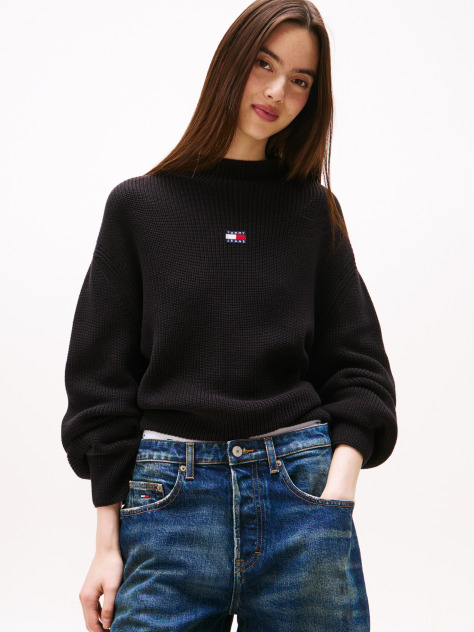 Black Tommy Badge Relaxed Mock Neck Jumper  Women