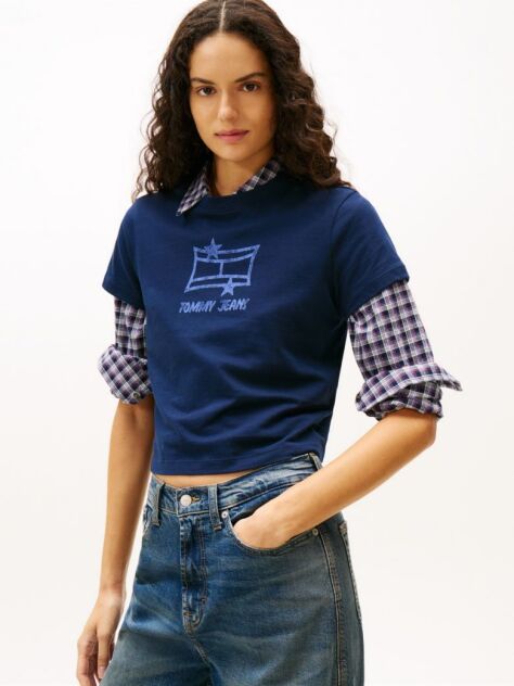 Blue Regular Short Sleeve Star Logo T-Shirt  Women