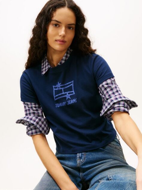Blue Regular Short Sleeve Star Logo T-Shirt  Women